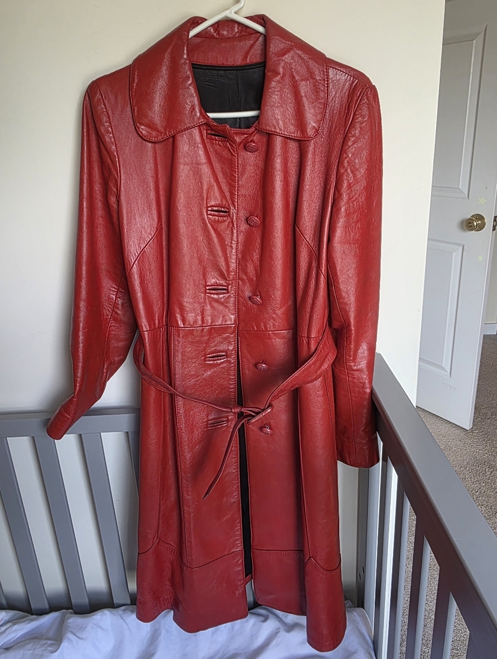 Jeno De Paris Vintage Red Leather Womens Trench Coat with Belt